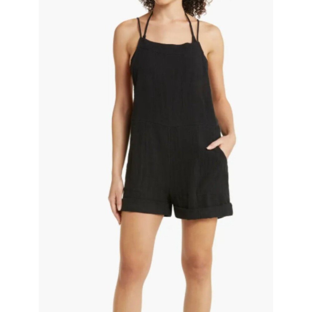 EFFORTLESS ECO-LUXURY | Vitamin A "Ophelia" Linen Beach Cover-Up Romper - Blk XS